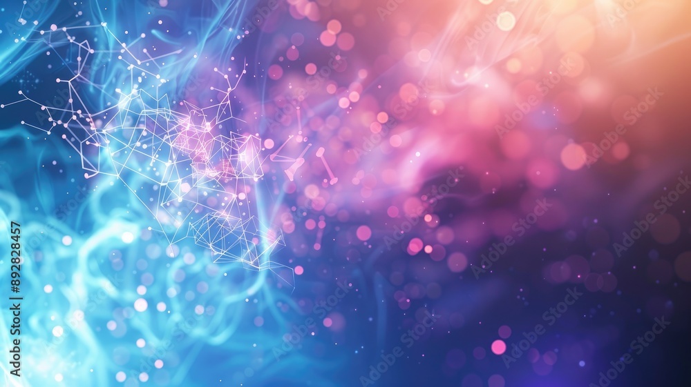 Poster abstract image of connecting lines and dots against gradient blue pink bokeh background, suggesting 