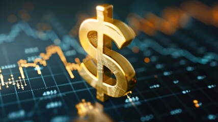A golden dollar symbol shining brightly against a backdrop of rising stock charts and financial graphs, symbolizing financial success