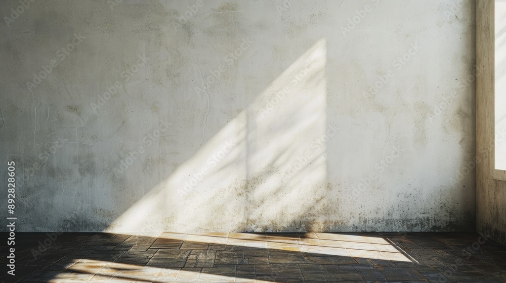 Poster sunlight shining through window creating triangular pattern on room's wall and floor