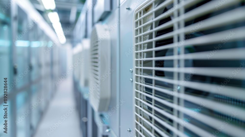 Poster a high-tech cooling system in a data center, necessary for managing the heat generated by large mach