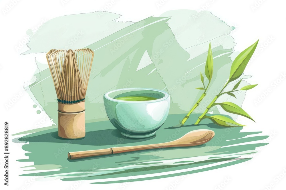 Wall mural Illustration featuring matcha tea with bamboo whisk, spoon, and fresh leaves