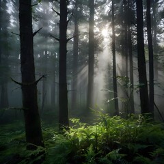Fototapeta premium Subtle natural light from high above, breaking through fog morning dew deep in the forest.