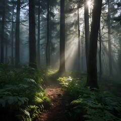 Obraz premium Subtle natural light from high above, breaking through fog morning dew deep in the forest.