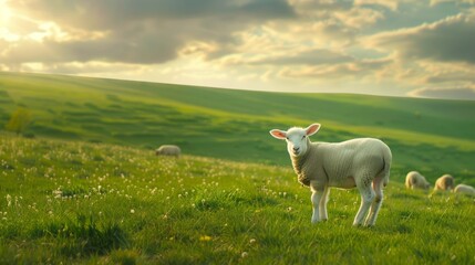 Obraz premium Serene lamb resting amid blooming flowers on a sunlit hillside, capturing nature's tranquility and charm.