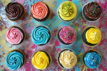 Brightly decorated cupcakes with various frostings displayed on a multicolored backdrop