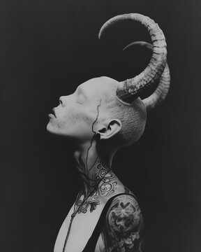 Female demon profile with impressive horns on dark background. Supernatural creatures and surreal photography concept. Black and white portrait view for poster, card, flyer