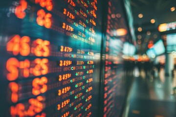 Financial Market Board: Red and green numbers flash on a large digital display, showcasing the dynamic and ever-changing nature of the global financial market. The blurred background suggests a bustli