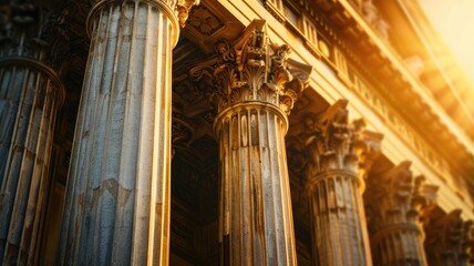 Naklejka premium Sunlight flaring at corner of classical building with Corinthian columns