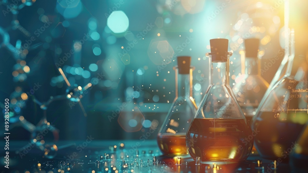 Poster laboratory flasks on table with digital molecular structure overlay