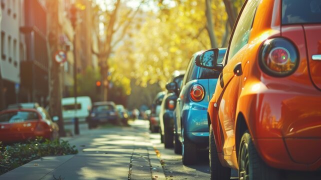 Row of parked cars on sunny city street with trees