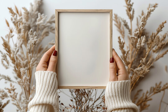 A pair of woman hands holding a light wooden vertical frame mockup 