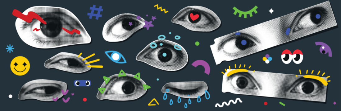 Art eyes sticker vector illustration. Retro halftone texture eye