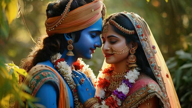 Immerse yourself in the divine love of Krishna and Radha with this beautifully captured moment. Watch as their adorned figures, vibrant attire, and expressive faces tell a timeless story of devotion