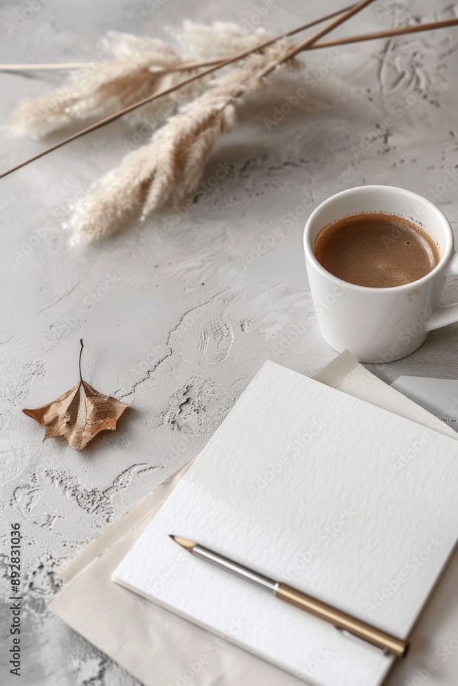 Poster A person sits at a table with a cup of coffee and a notepad, ready to work or write