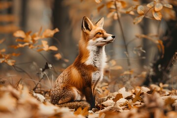 Fototapeta premium Red fox sitting in autumn leaf in forest. Cute beautiful animal in the nature habitat. Wildlife scene and wild nature concept. Fall season beauty