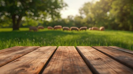 Fototapeta premium close up of rustic empty wooden table with blurred pigs grazing on grass background