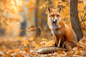Fox sitting in autumn forest. Cute beautiful animal in the nature habitat. Wildlife scene and wild nature concept. Banner with copy space