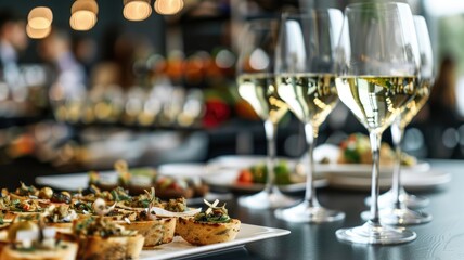 Elegant dining setting with wine glasses and gourmet appetizers