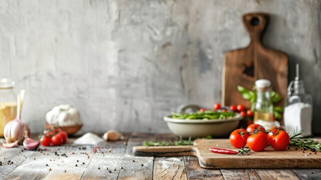 Fresh ingredients on rustic kitchen counter ready for cooking