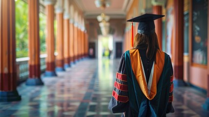 Graduate in cap and gown walking through hallway