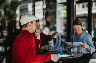 Three young business associates collaborating on a project while sitting outdoors at a cafe. The team members are reviewing documents and discussing strategies.