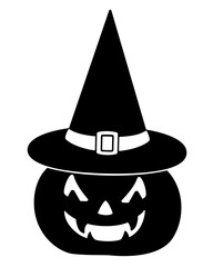 Halloween pumpkin with evil face in hat - vector silhouette picture for logo stencil or pictogram. Jack-o'-lantern with witch's hat sign or icon