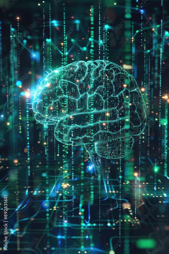 Poster a visual representation of a digital brain, with neural networks and circuits glowing in electric bl