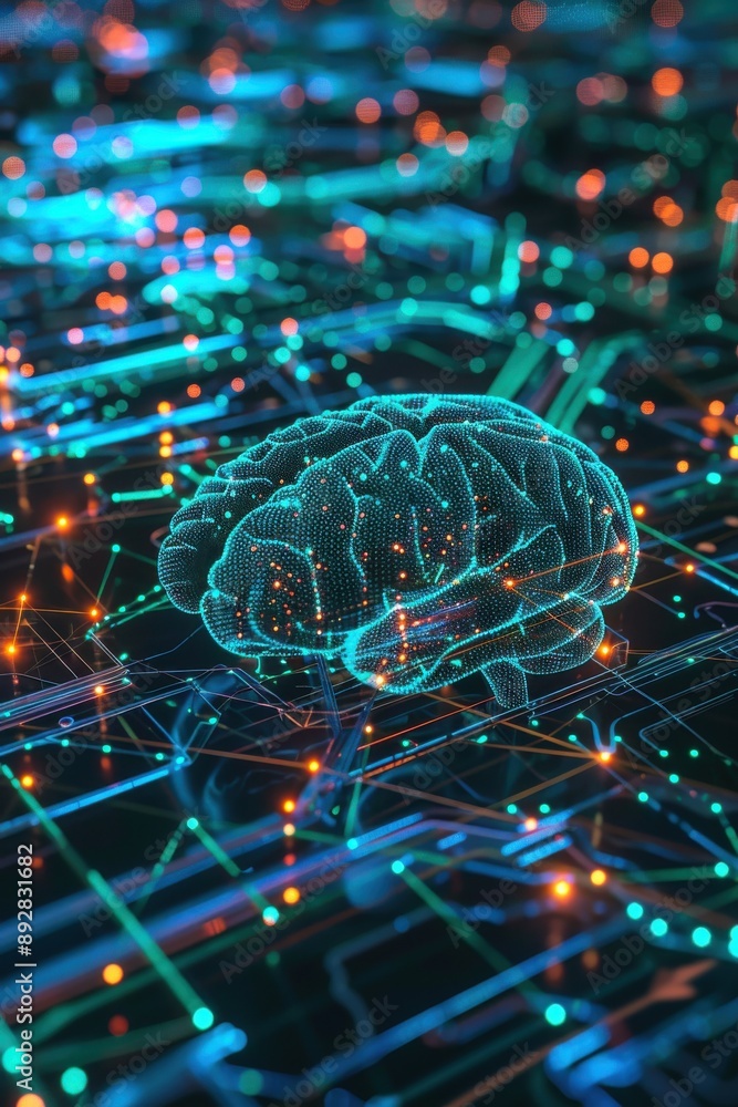 Poster a visual representation of a digital brain, with neural networks and circuits glowing in electric bl
