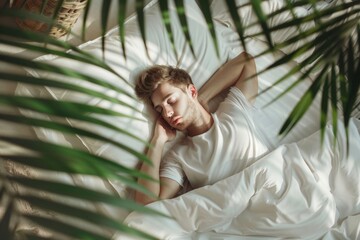 Tranquil scene of male wrapped quiet and restful atmosphere. Serene young man sleeps quietly his bed enveloped comfort. It represents quiet solitude and comfort of one's own private space.