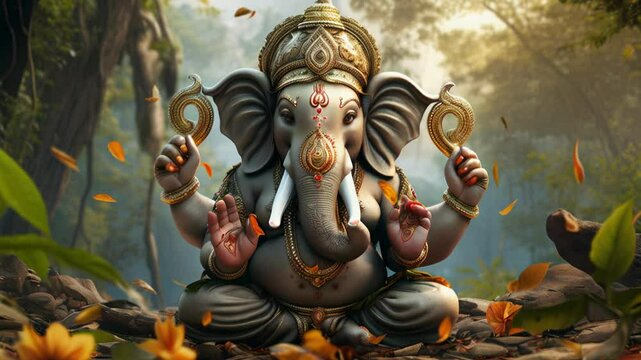 Serene Ganesha amidst tranquil nature setting, invoking spirituality and peace