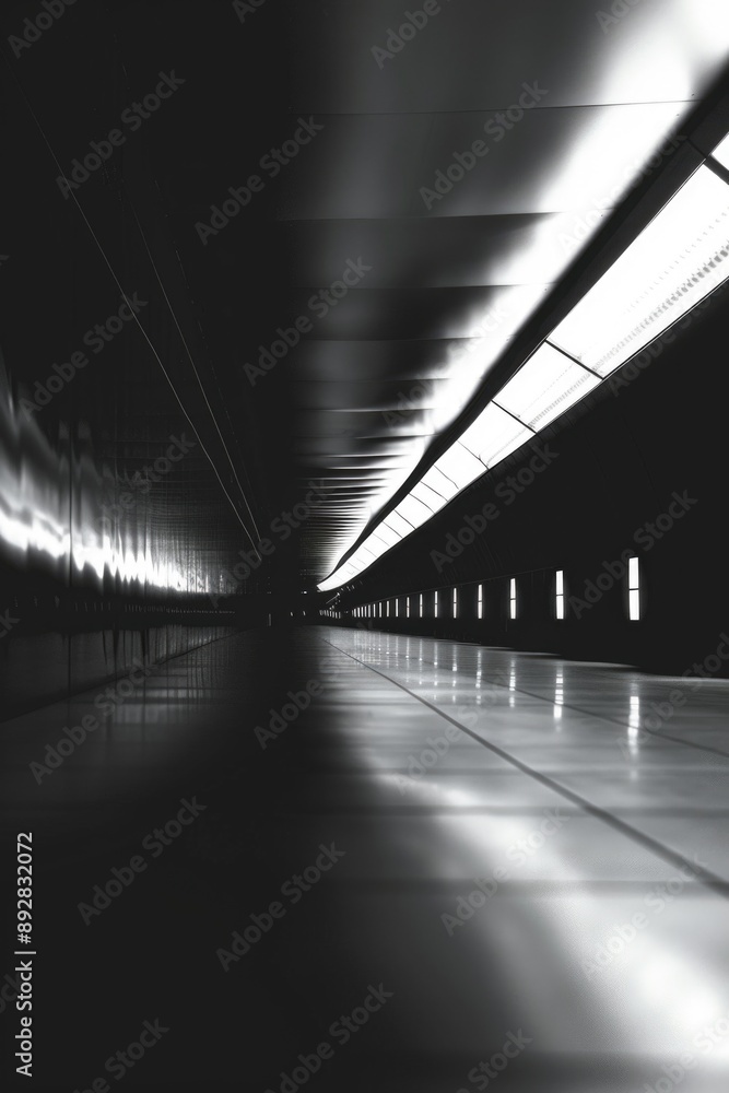Poster a black and white photo of a subway station platform with commuters waiting for the train