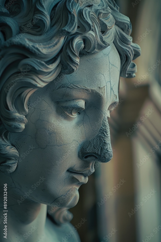 Poster a close-up view of a statue depicting a man