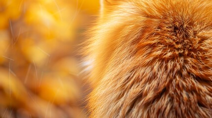 Fototapeta premium Red fox fur with autumn forest bokeh. Fox fur close-up
