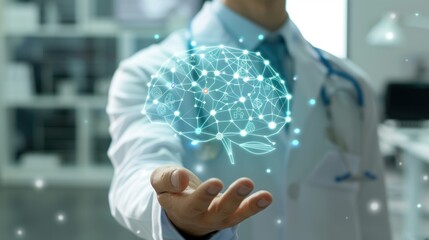 A doctor holds a digital representation of a brain connected to medical symbols symbolizing the future of healthcare