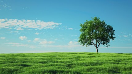 Fototapeta premium Lone tree in center of lush grassy field under clear blue sky