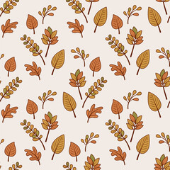 Obraz premium Autumn seamless pattern. Autumn leaves in flat boho style. Yellow, orange, brown fallen leaves. Painted abstract composition for decorative seasonal print. Natural earthy colors