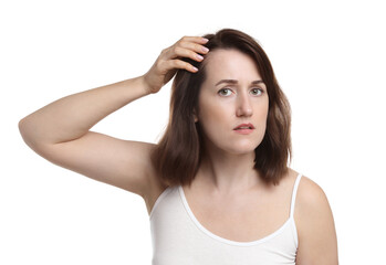 Fototapeta premium Woman with hair loss problem on white background