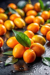 Vibrant orange citrus fruits on a kumquat tree on black background