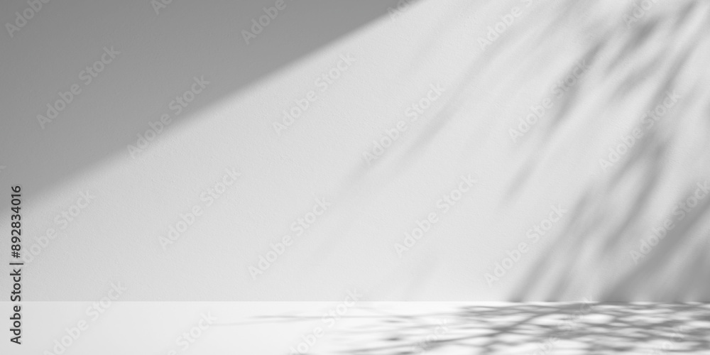 Poster white minimalist studio for product presentation. empty room with shadows of tree leaves. 3d room ba