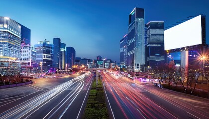 Obraz premium Outdoor Billboard Advertisement Mock-Up with Background of Big City Buildings