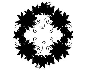 A wreath of flowers and leaves is a black silhouette for a logo or pictogram. Wreath - frame, icon or sign for identity. Silhouette of vegetable garland.	