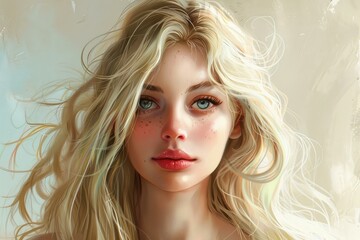 Naklejka premium Digital painting of a young woman with captivating green eyes and flowing blonde hair