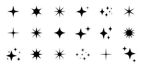 Shine or sparkle vector set of eighteen different stars in black color on white background. Sparkle star icons. Shine icon. Stars sparkle doodles vector.