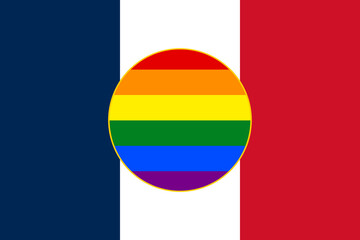 Rainbow flag LGBT pride flag as a symbol of LGBT pride and LGBT social movements as a circle over the flag of France, french flag