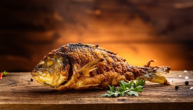 Um peixe frito em cima de uma mesa de madeira