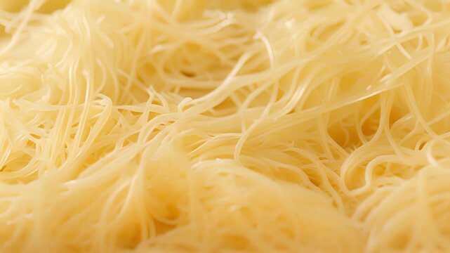 An extreme closeup of delicate handmade angel hair pasta revealing its thin strands and rough uneven edges.