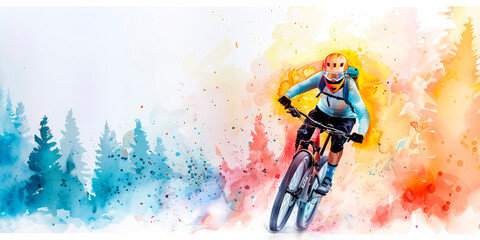 Mountain biker riding through a forest with vibrant blue and orange watercolor splashes in the background. Ideal for sports promotions, adventure campaigns, and outdoor activity marketing. 