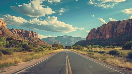 Fototapeta premium Road leading through scenic desert landscape with dramatic rock formations under blue sky