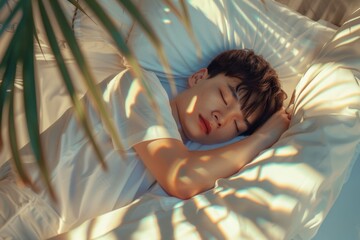 Serene face of chinese teen he rests comfortably bed. Tranquil chinese teen enjoying peaceful nap his bed. Soft blanket and peaceful face depict harmony found simple moments.