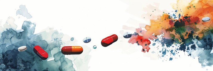 The problem of alcohol and drug abuse. Horizontal banner. Tablets and capsules on a white background. Free space for text. alcohol and drug addiction recovery month. Say no to drugs and alcohol